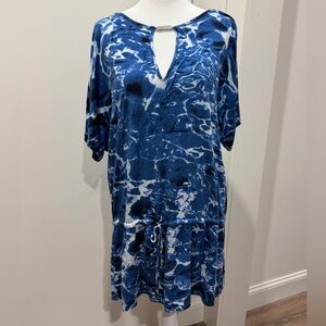Michael Kors Chiffon Peplum Blouse Top Size Large Navy Water Marble Pattern